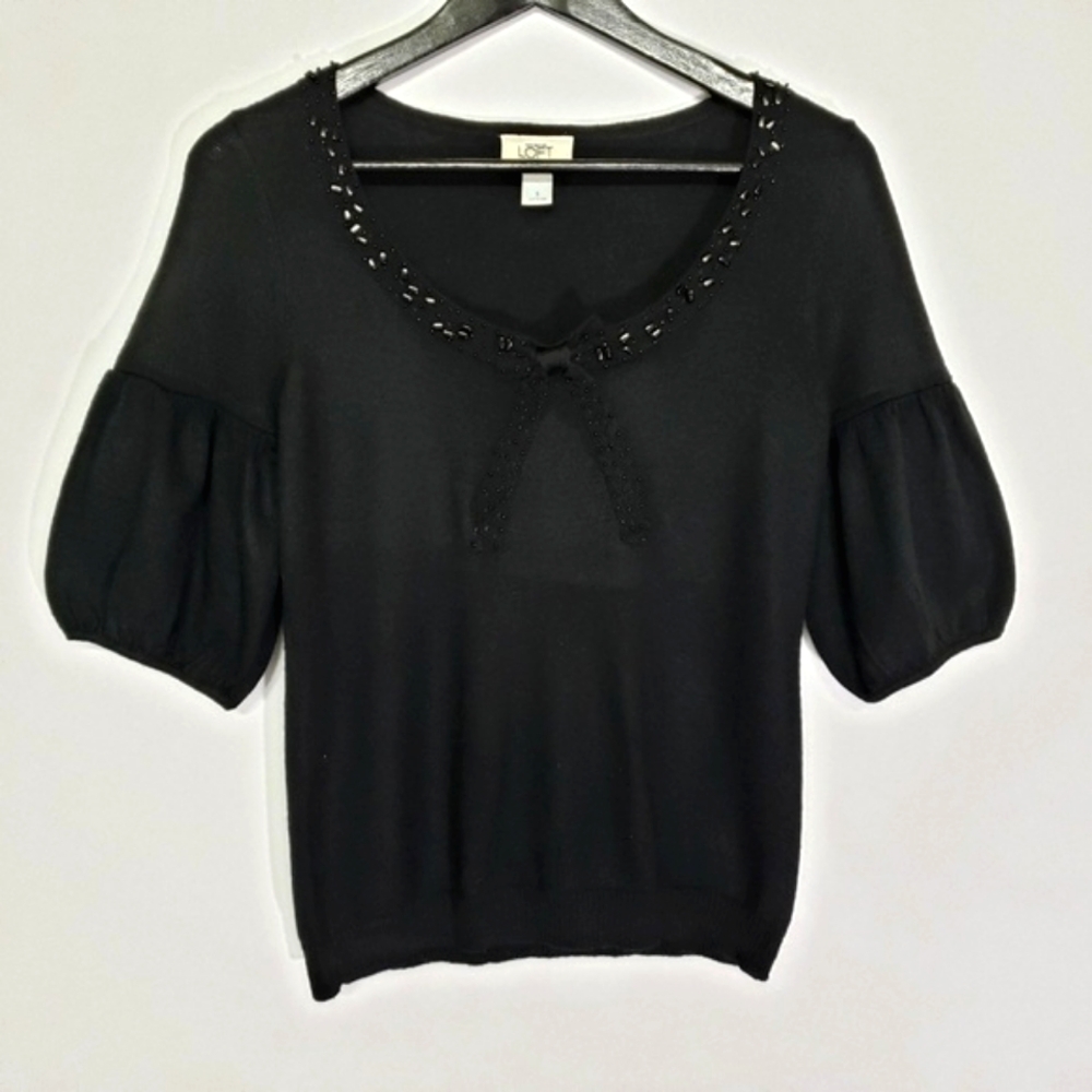 Ann Taylor LOFT Sweater Black Size S Puff Sleeve Beaded Bow Balletcore Academia
